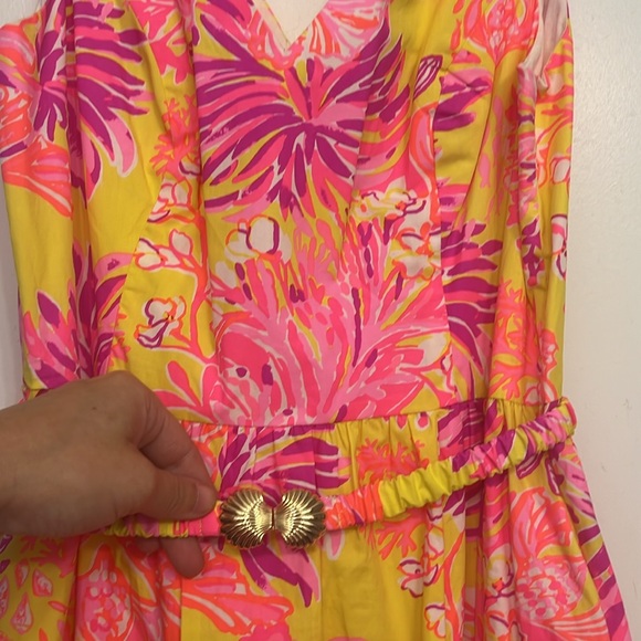 Lilly Pulitzer Bri V-Neck Cotton Midi-Dress - Calla Yellow Floral Coral - Size 4 - Picture 10 of 11